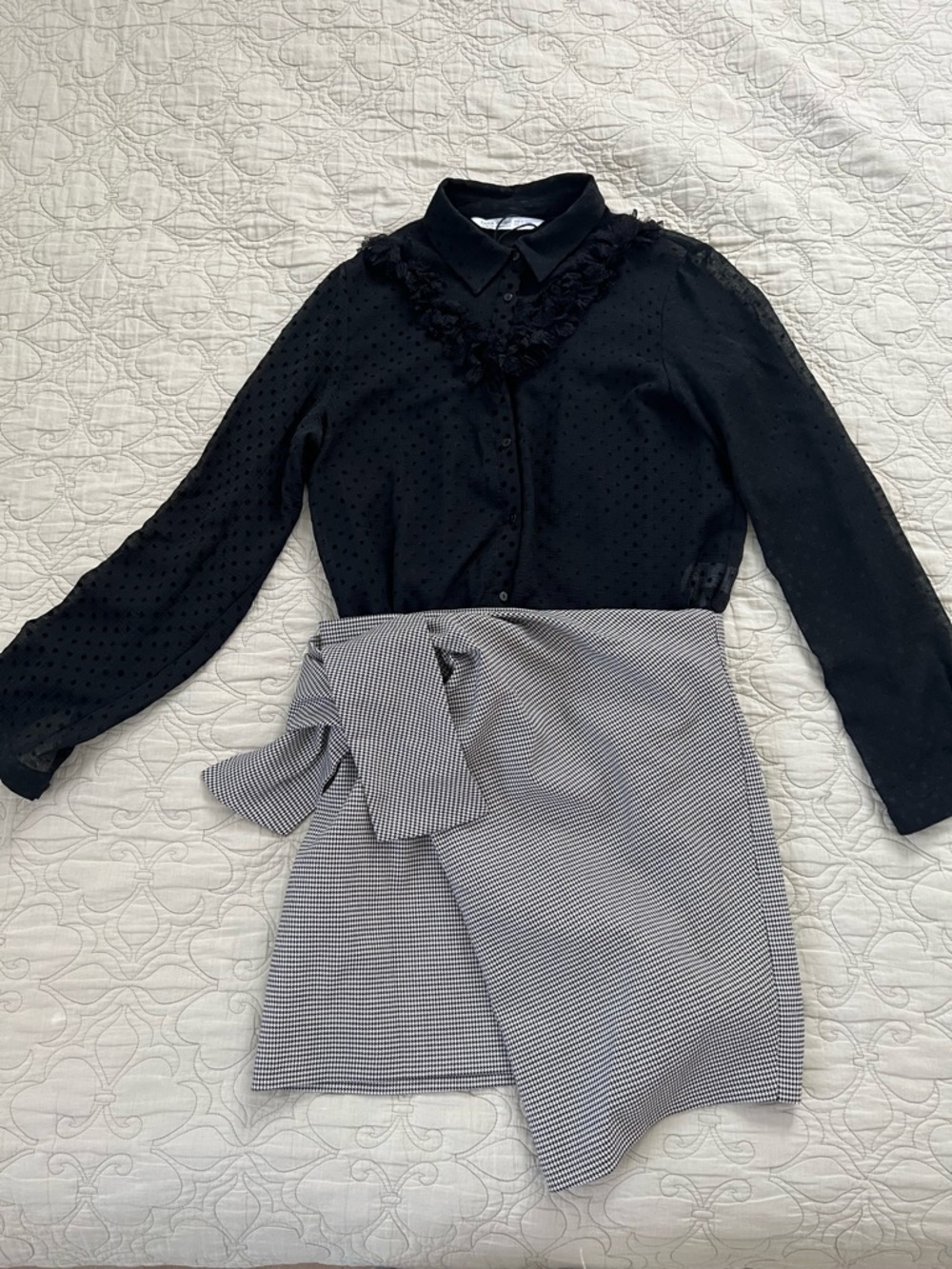 Zara Black Long Sleeve Lace-Trim Blouse with Gray Houndstooth Wrap Skirt
